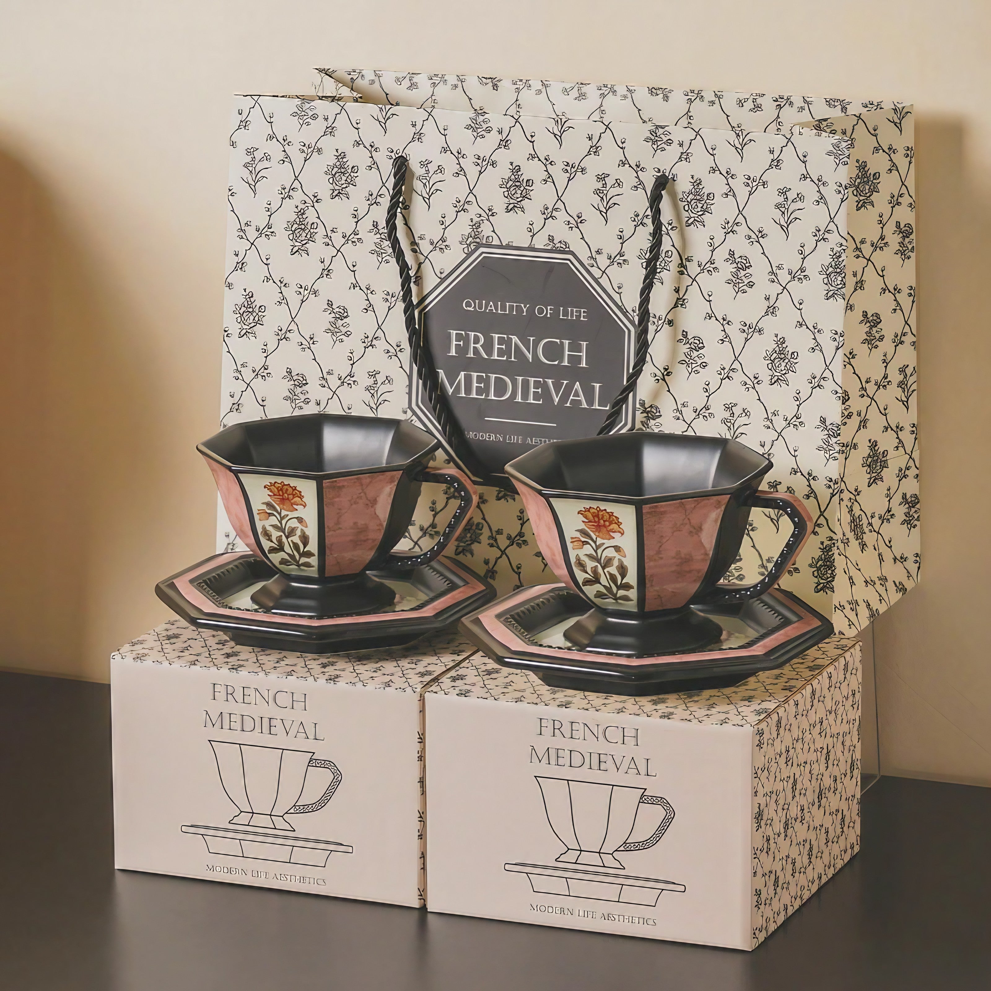 Antique Floral Hexagon Cups