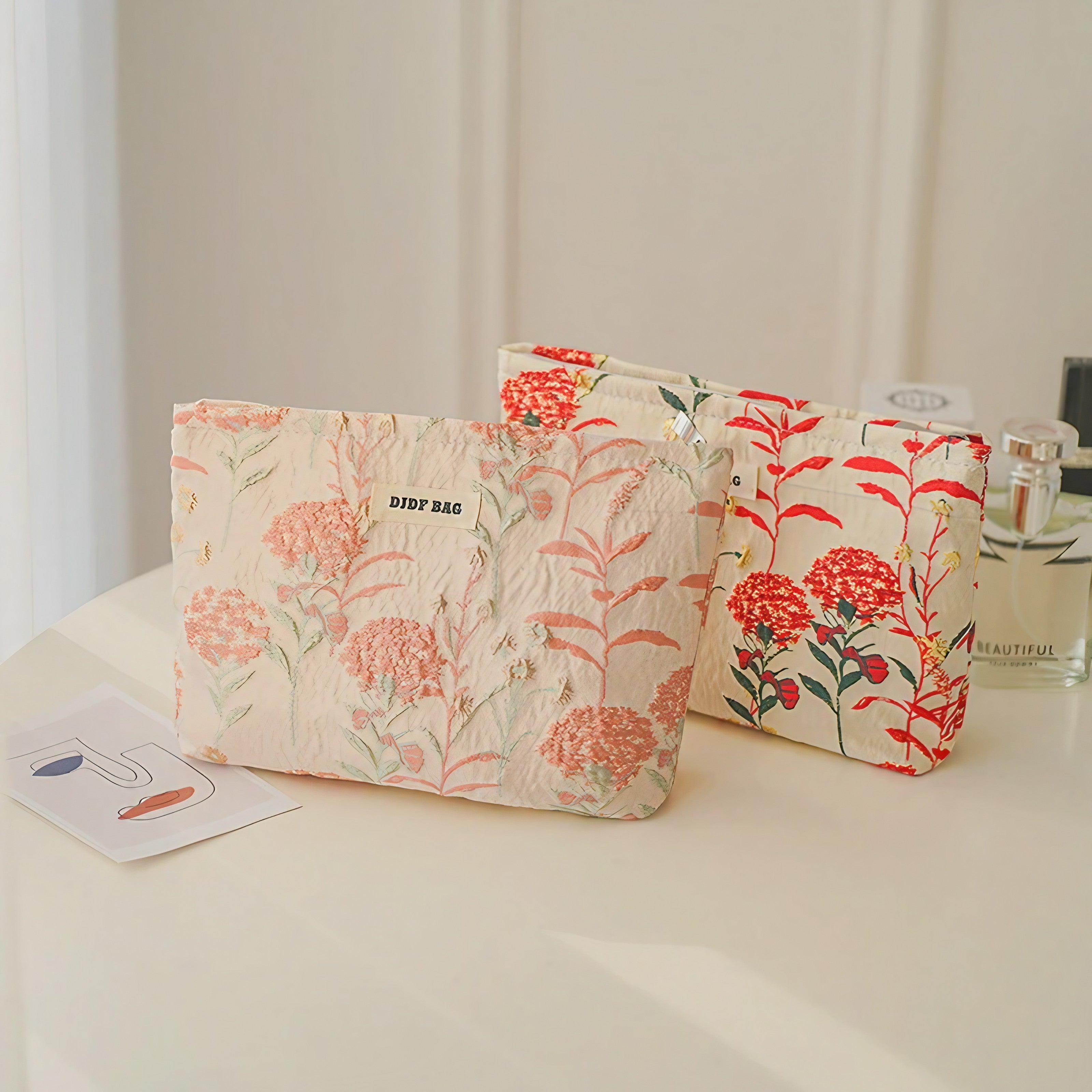 Coral Bloom Quilted Pouch