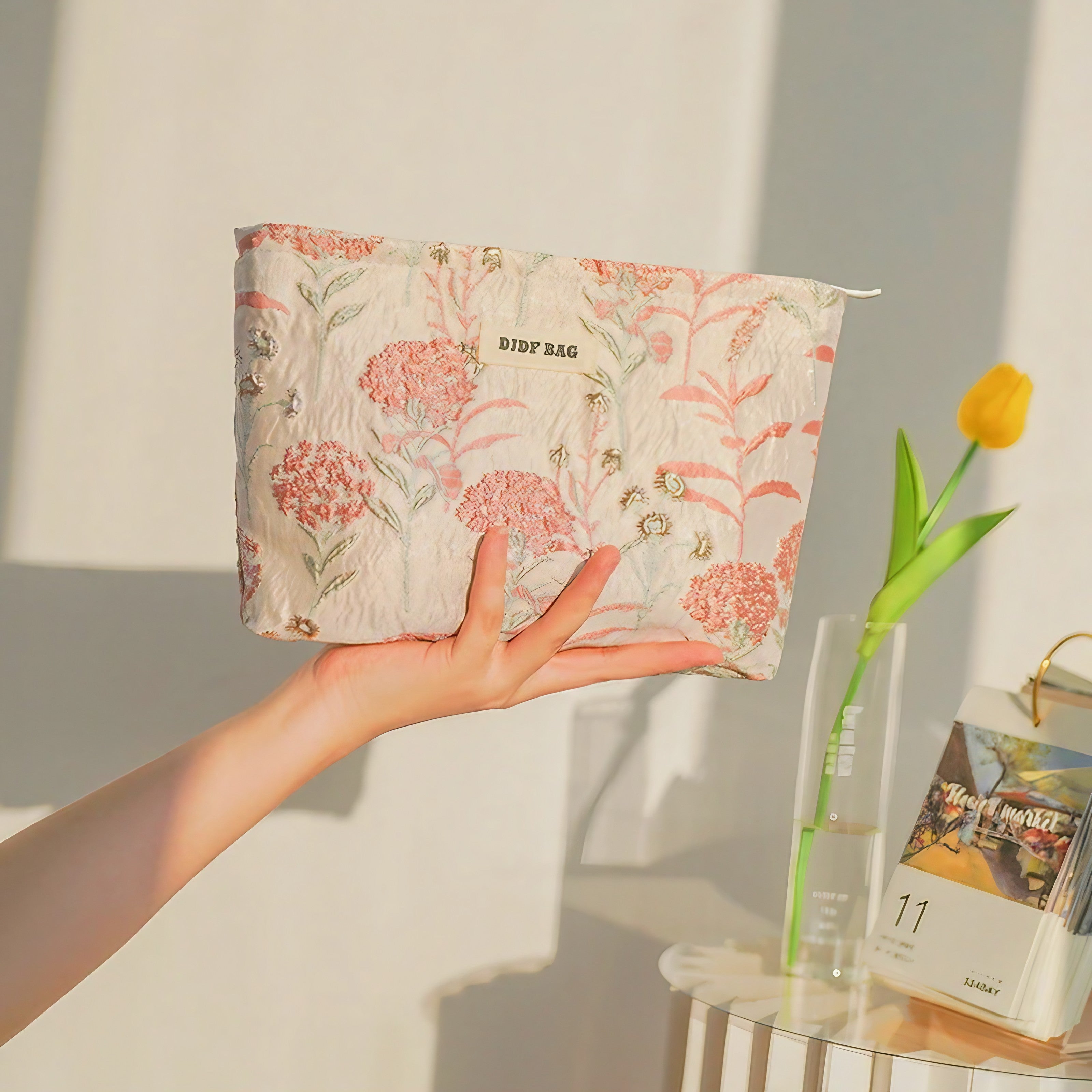 Coral Bloom Quilted Pouch