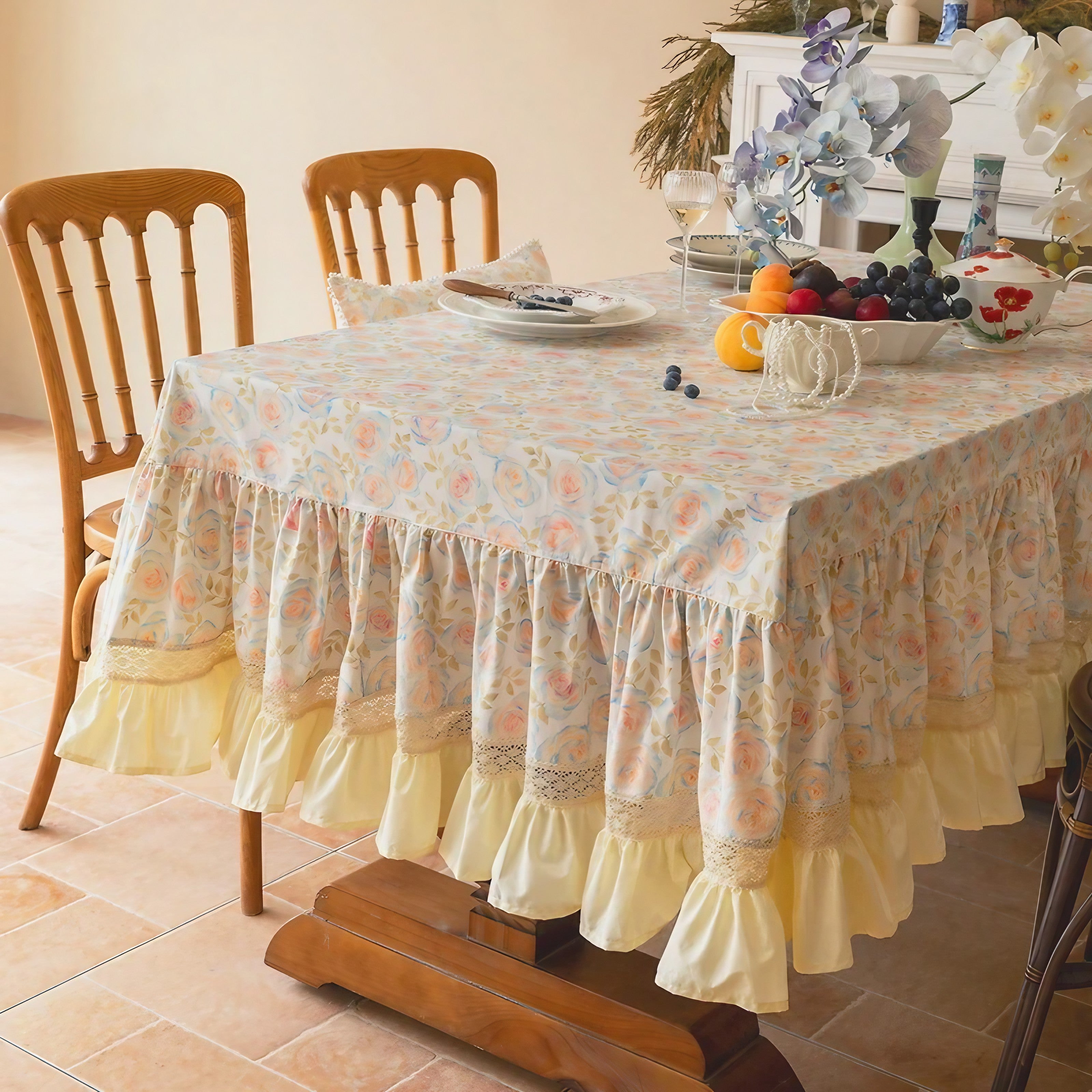 Country Floral Ruffled Tablecloth