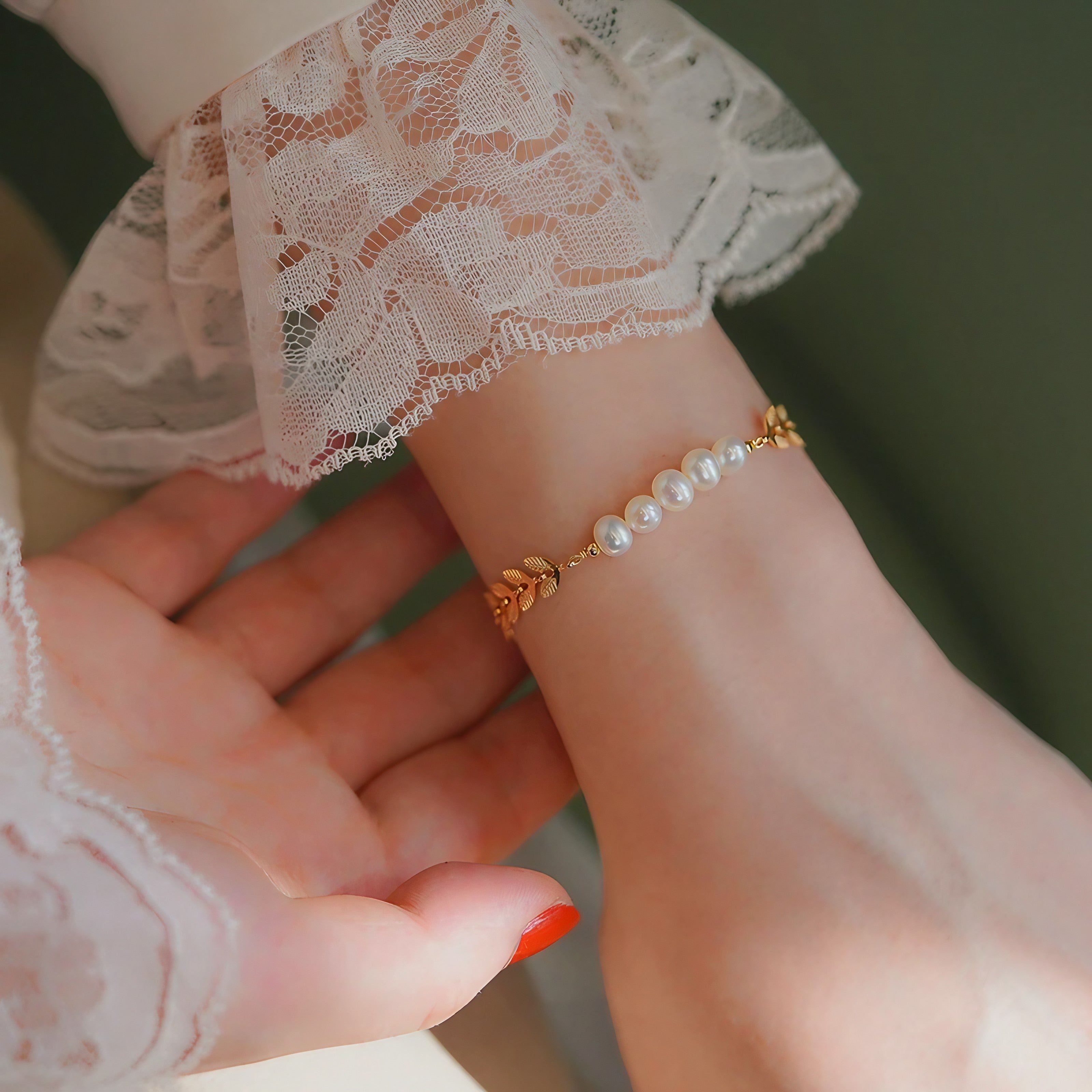 Golden Leaf Pearl Bracelet