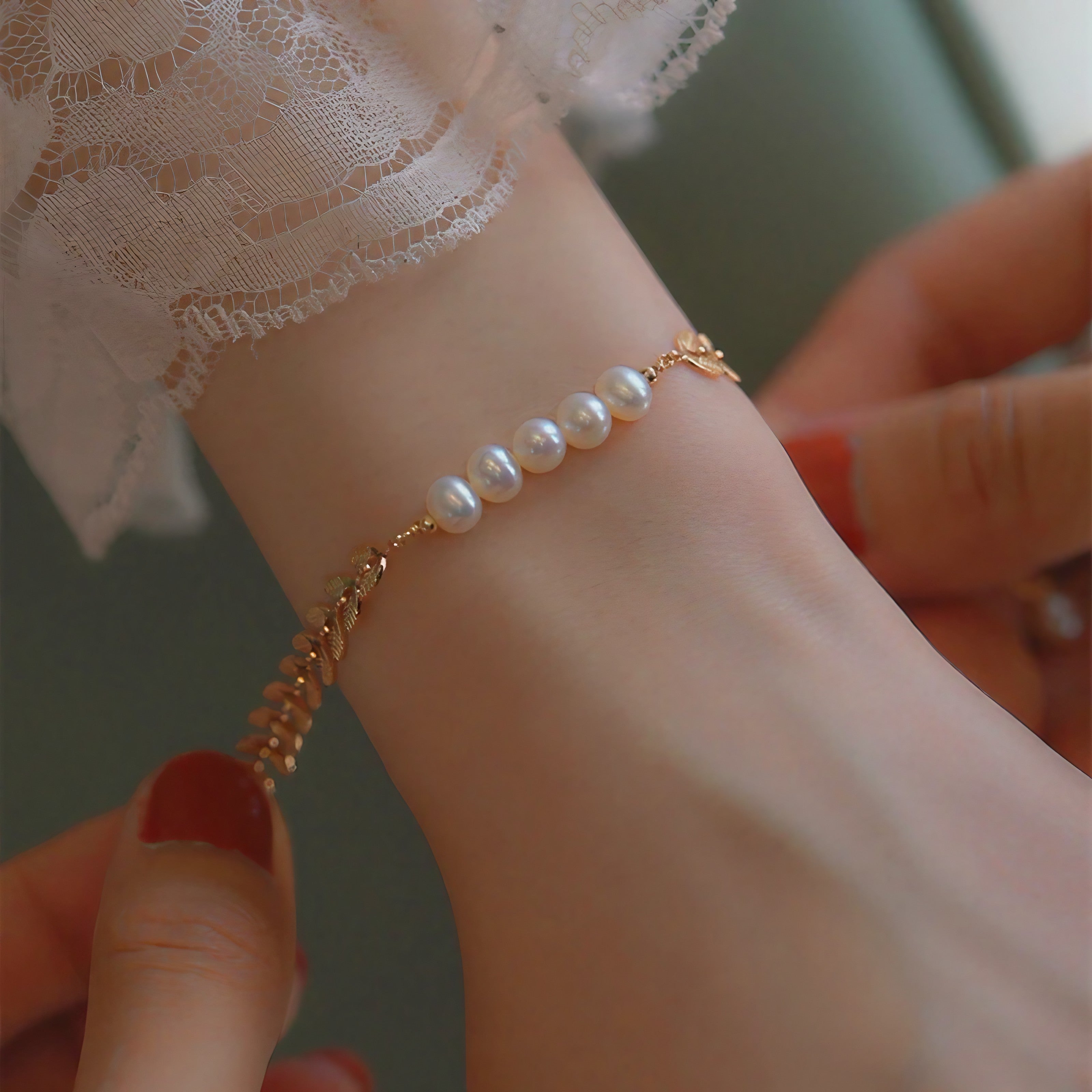 Golden Leaf Pearl Bracelet