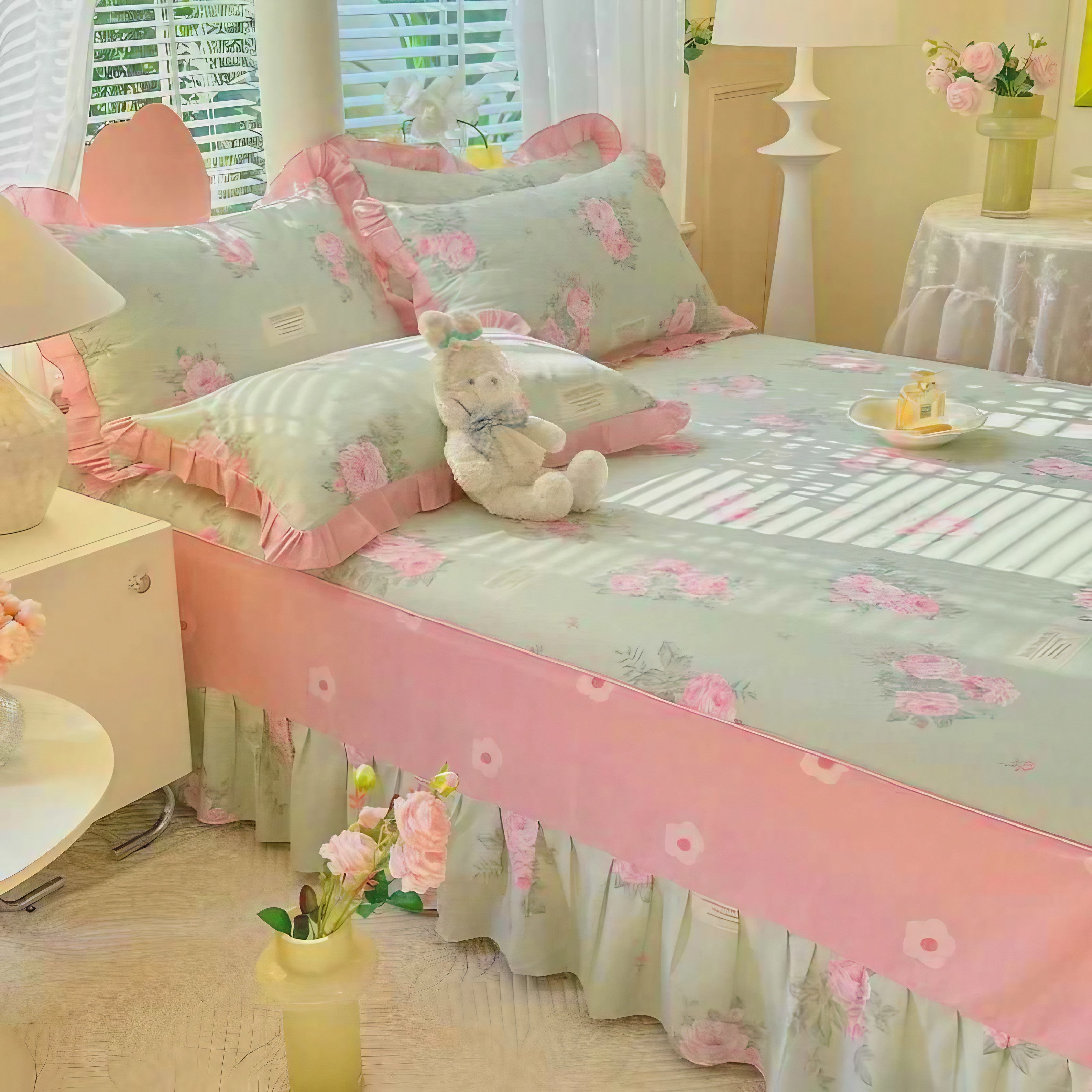 Mint Rose Ruffle Pillowcase