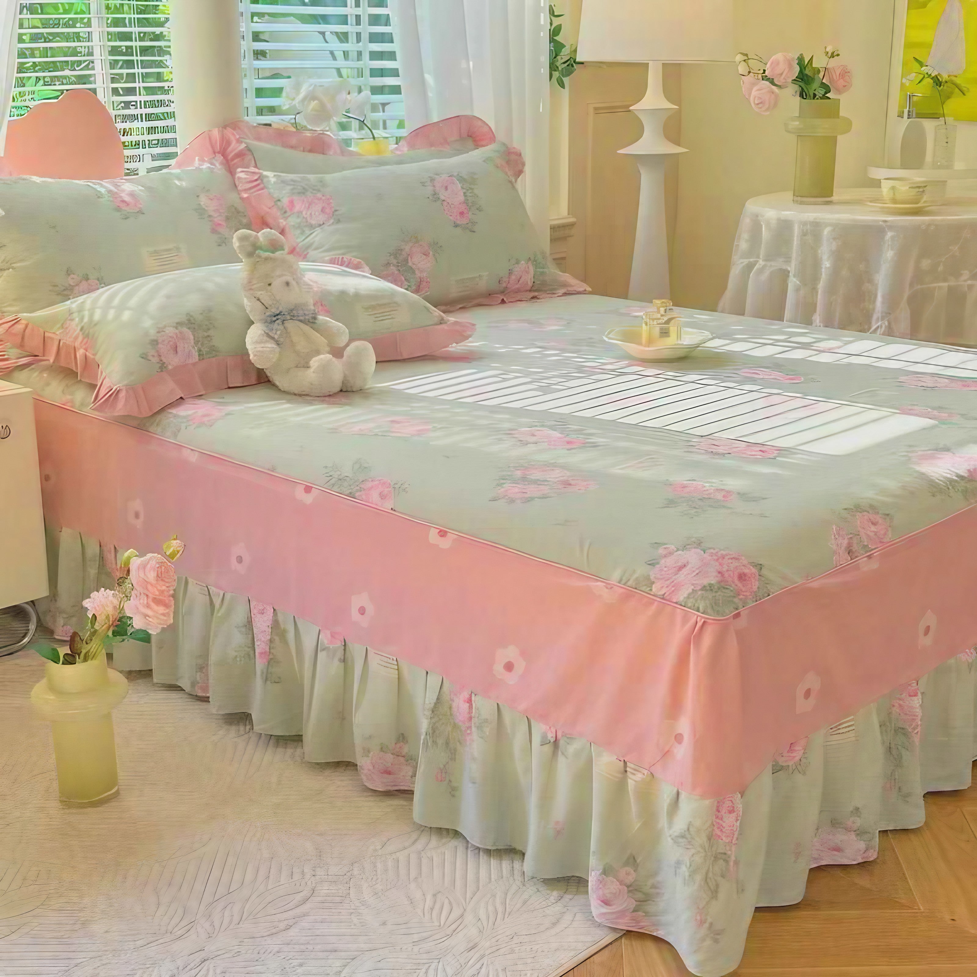 Mint Rose Ruffle Pillowcase
