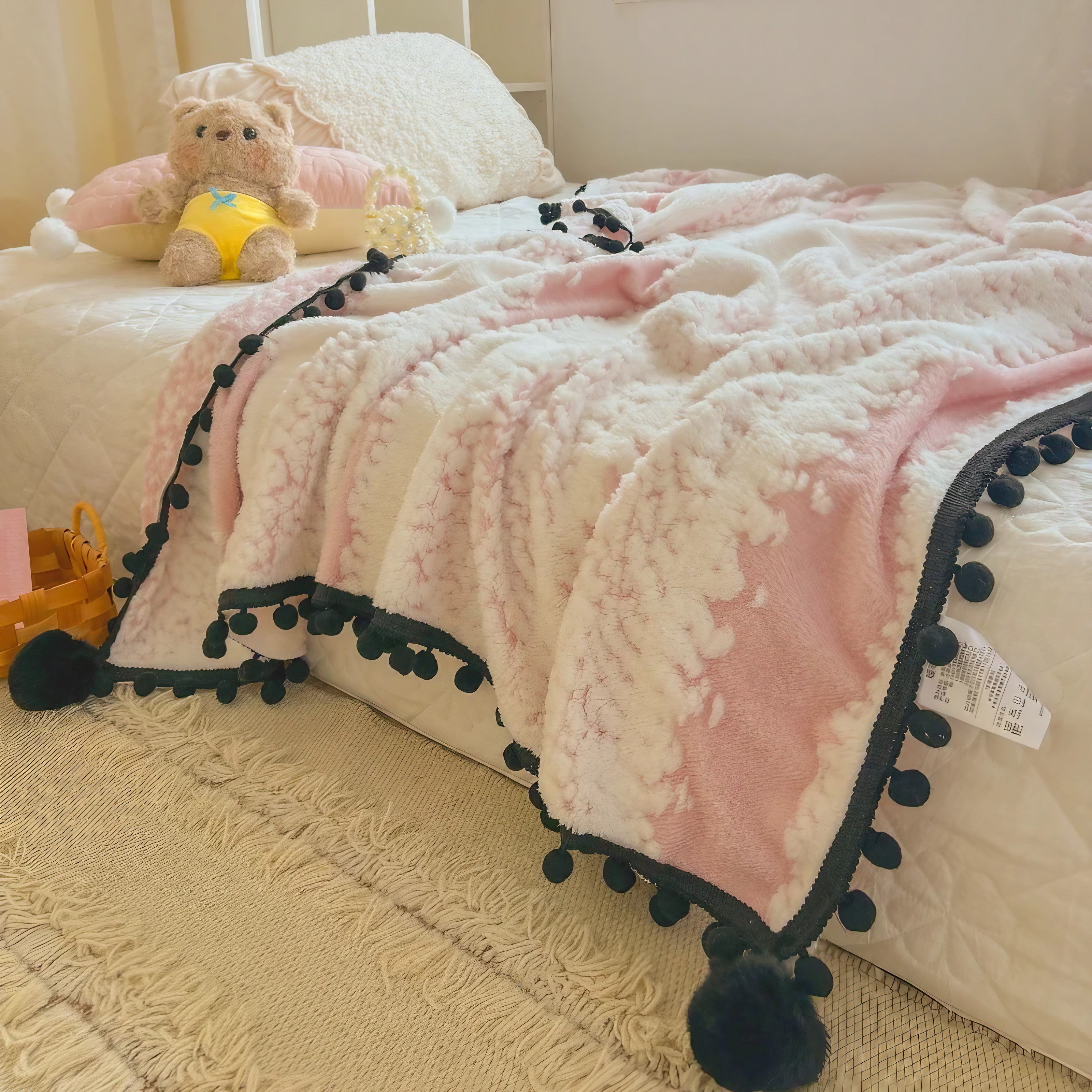 Pink Pompom Fluffy Blanket