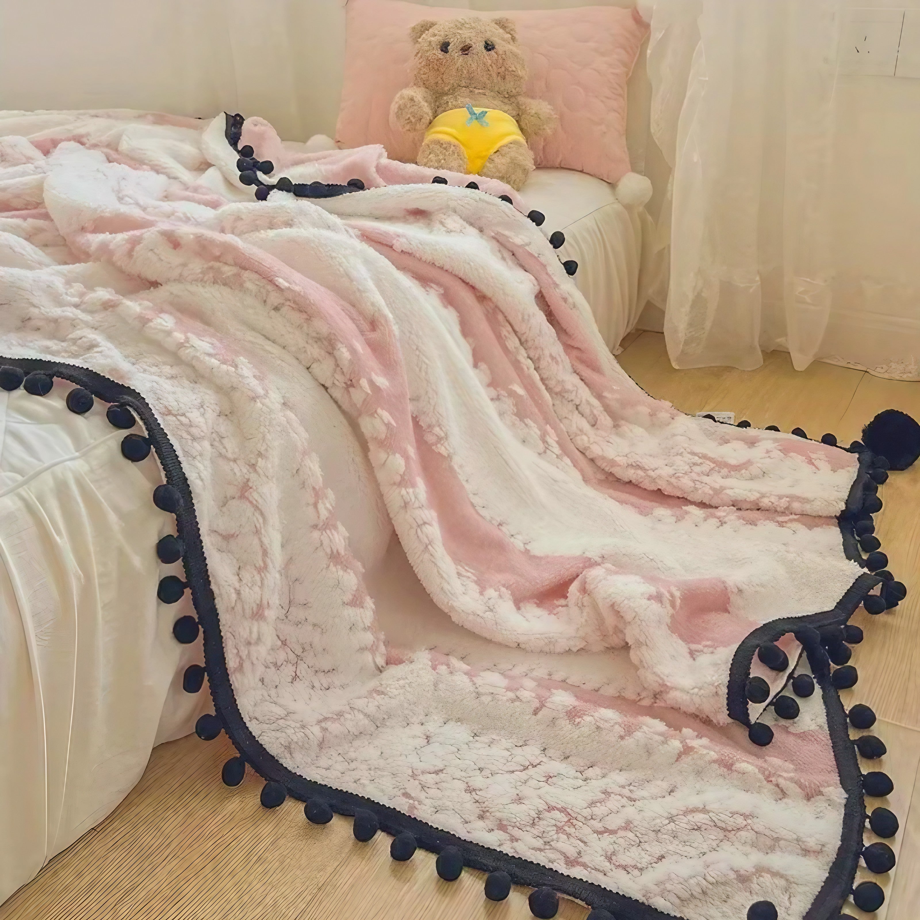 Pink Pompom Fluffy Blanket