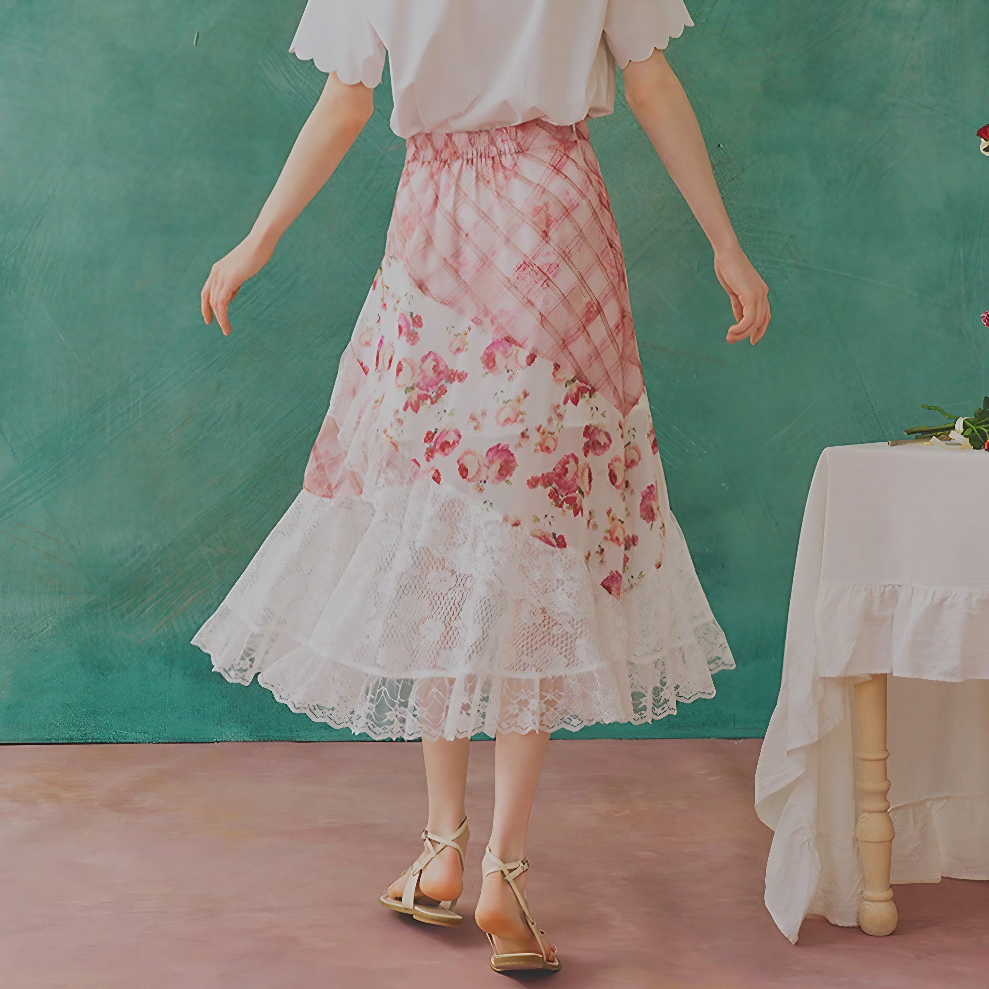 Rosy Patchwork Lace Skirt