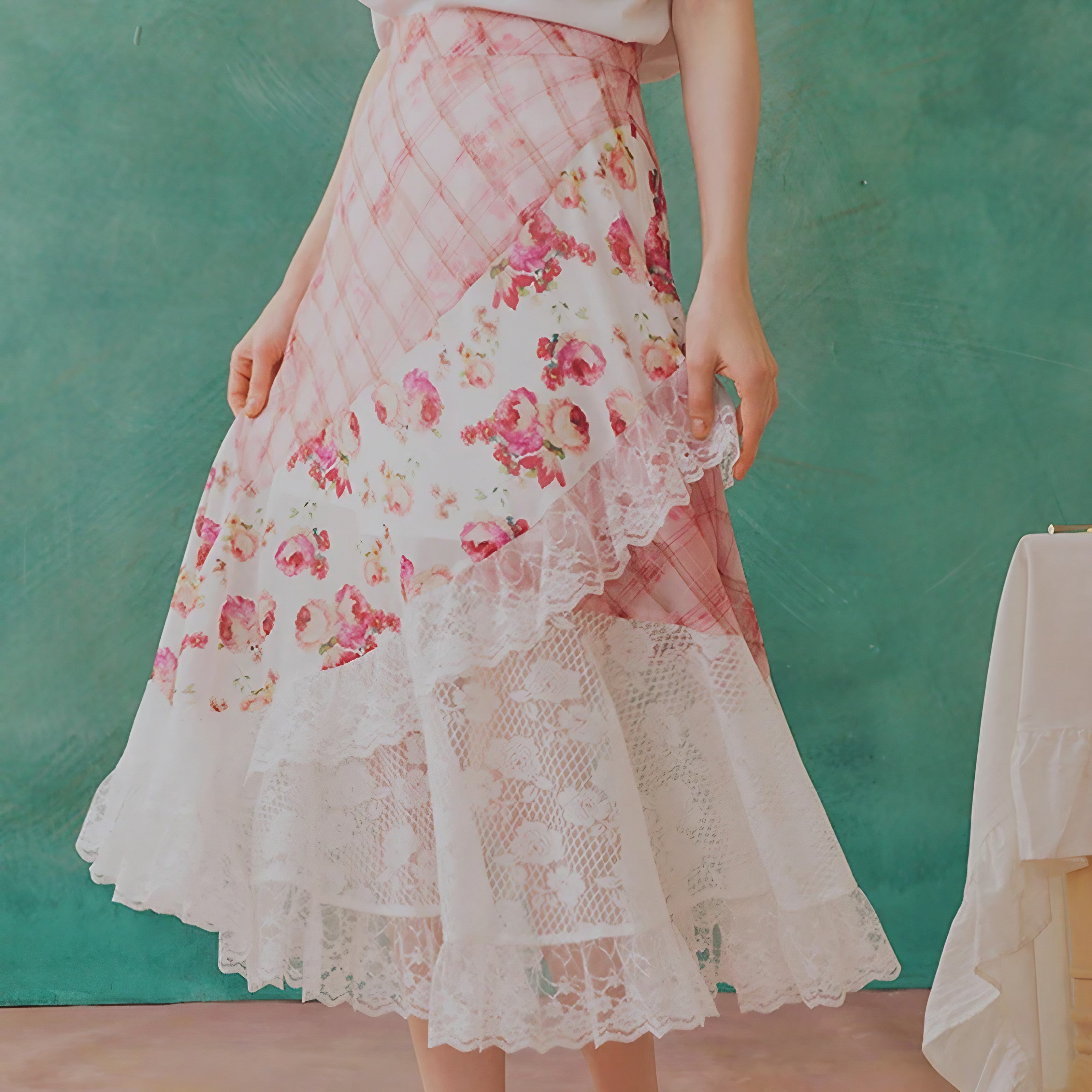 Rosy Patchwork Lace Skirt