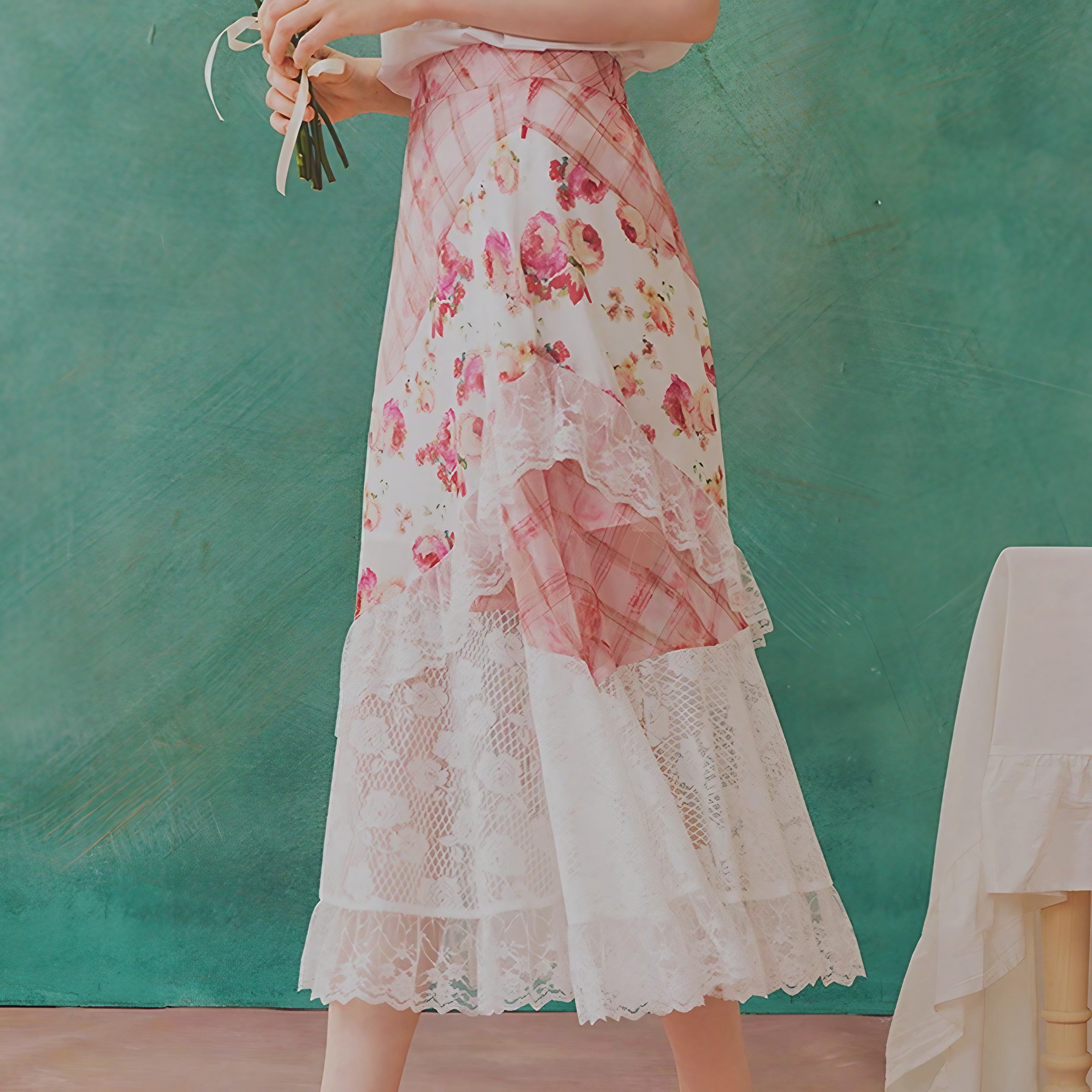 Rosy Patchwork Lace Skirt