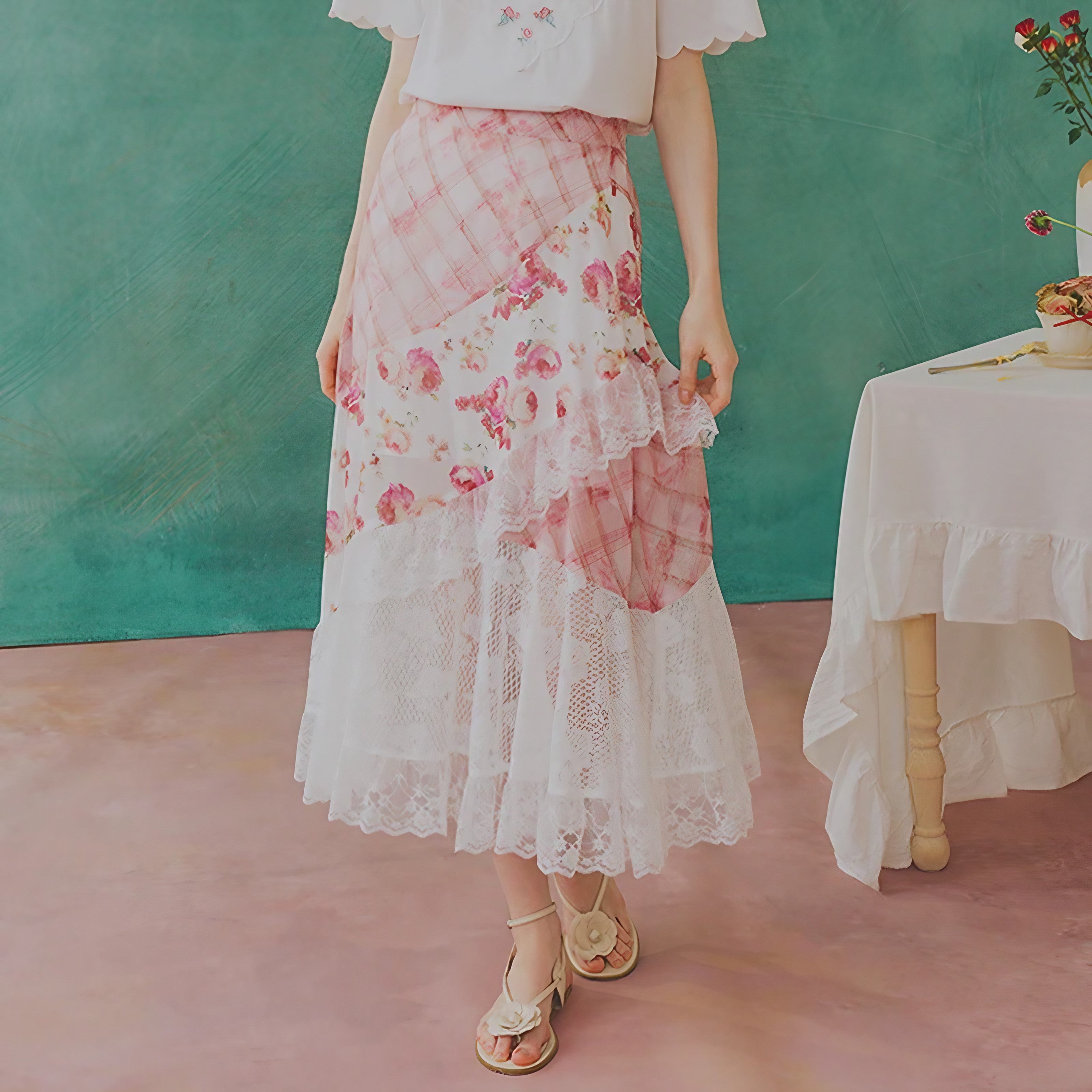 Rosy Patchwork Lace Skirt
