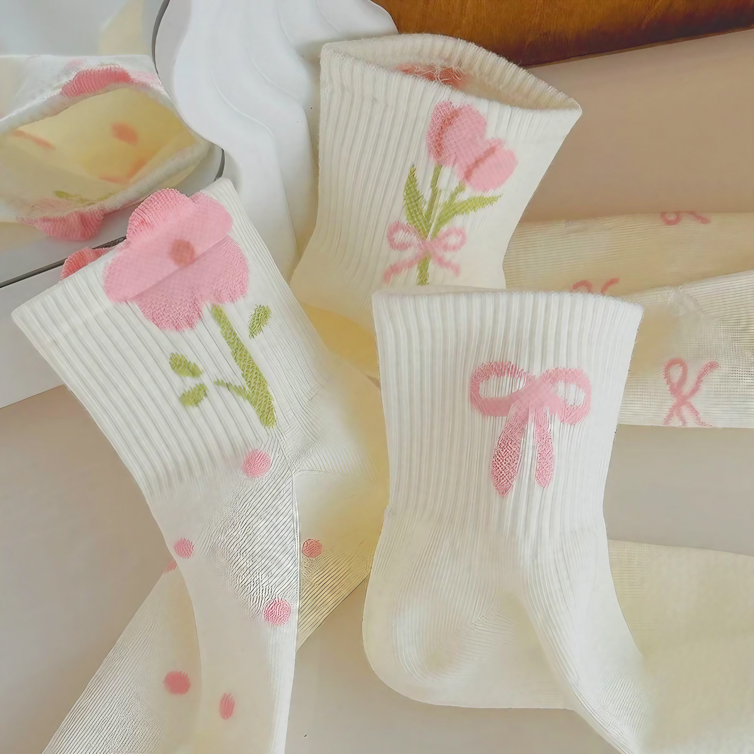 Rosy Ribbon Garden Socks