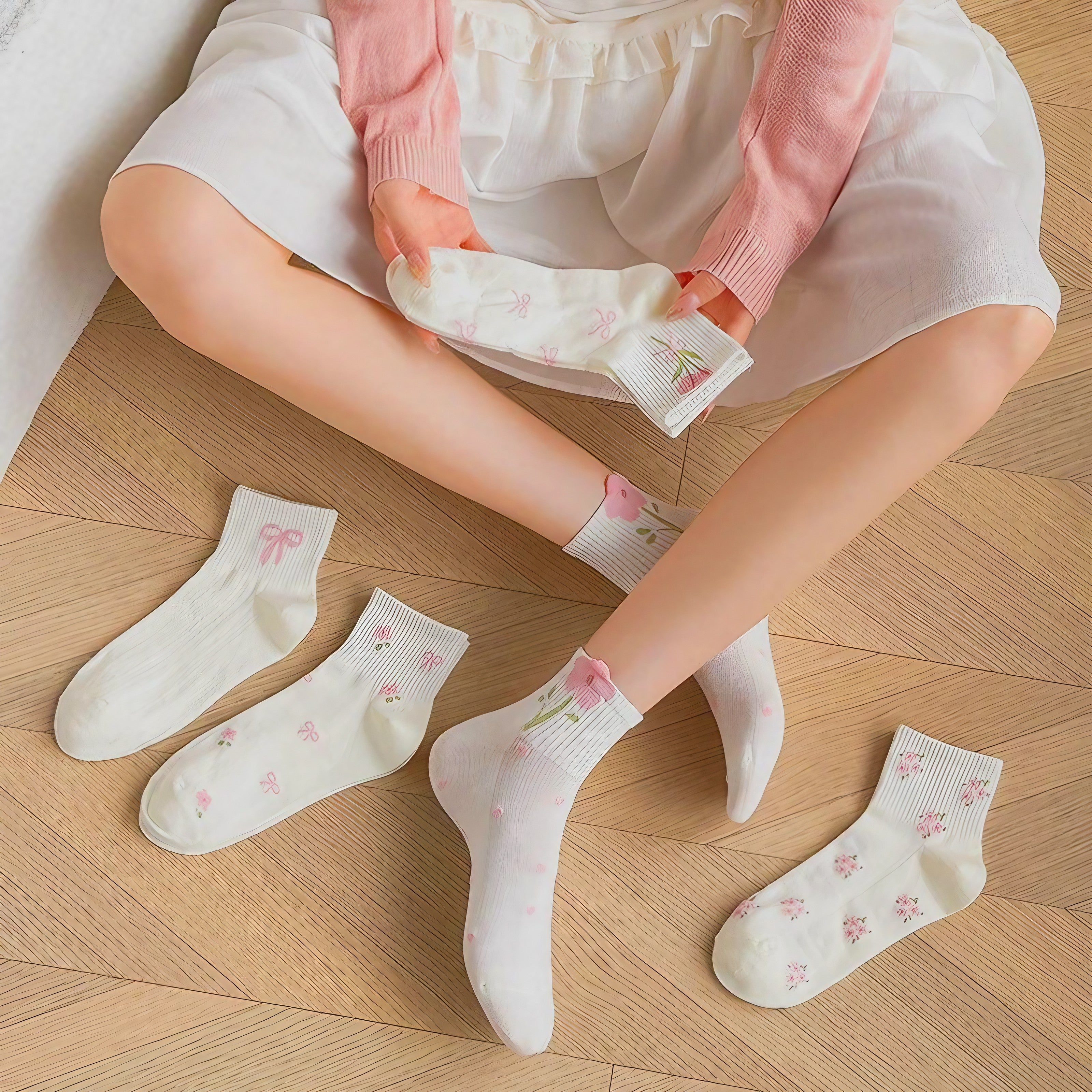 Rosy Ribbon Garden Socks