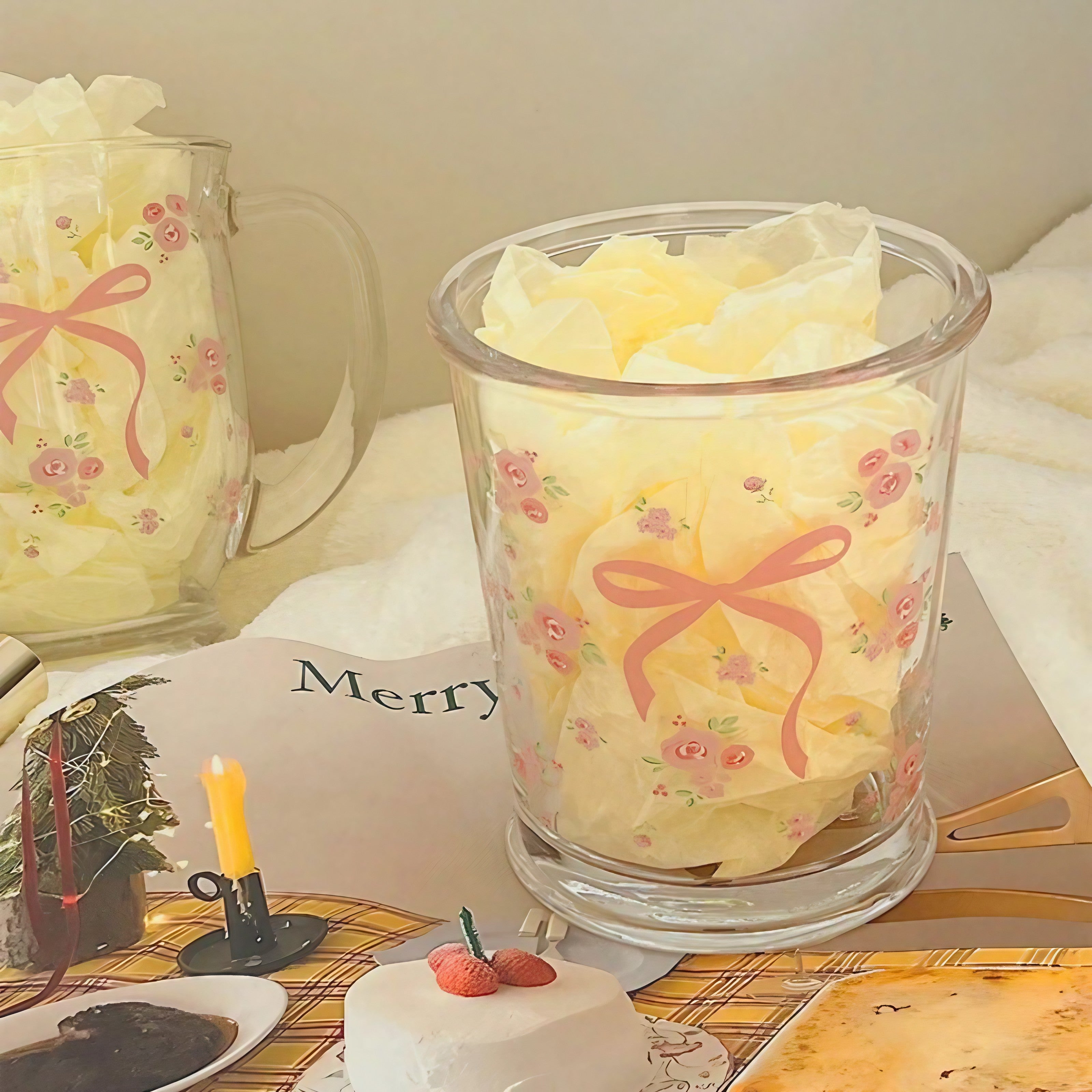 Rosy Ribbon Glass Mugs