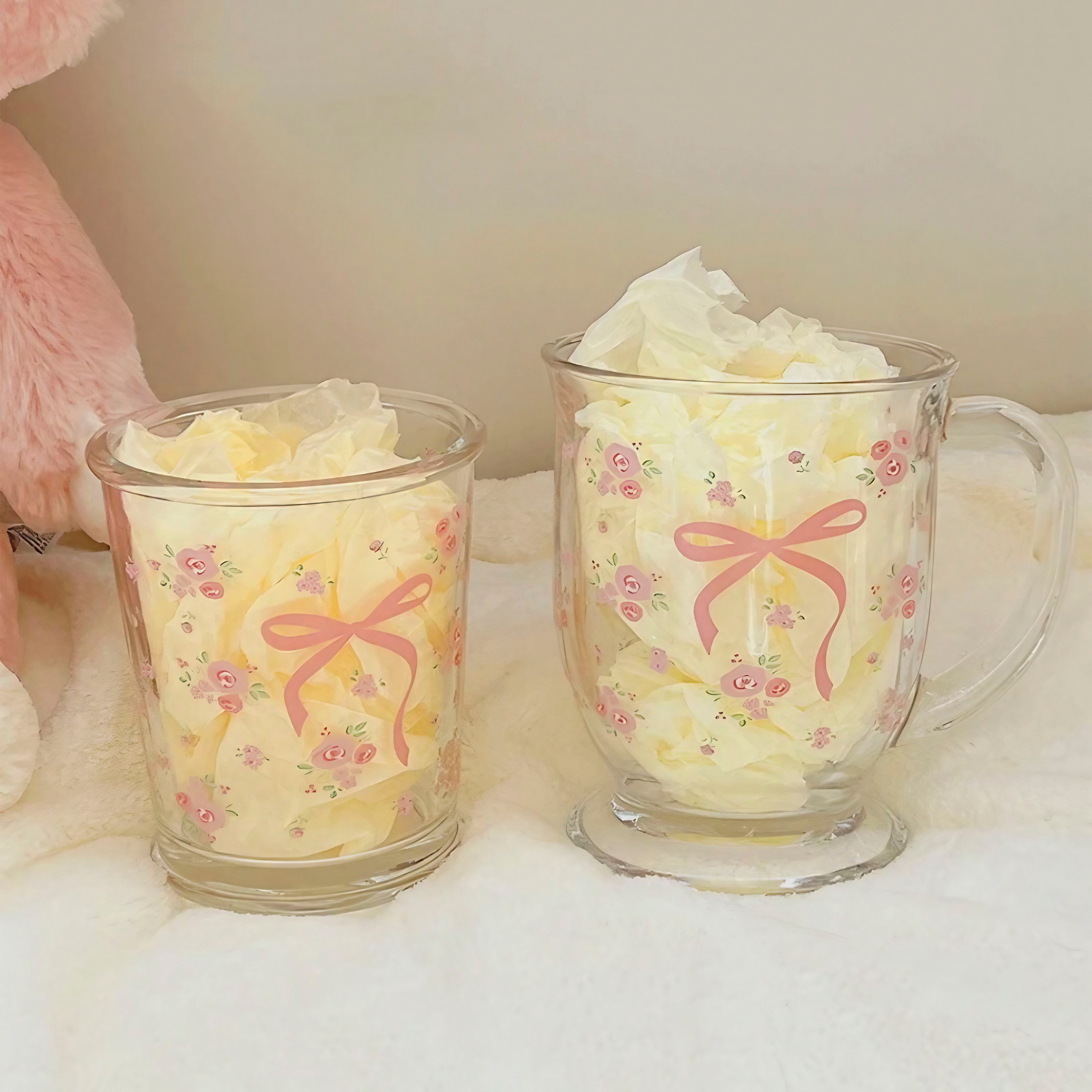 Rosy Ribbon Glass Mugs